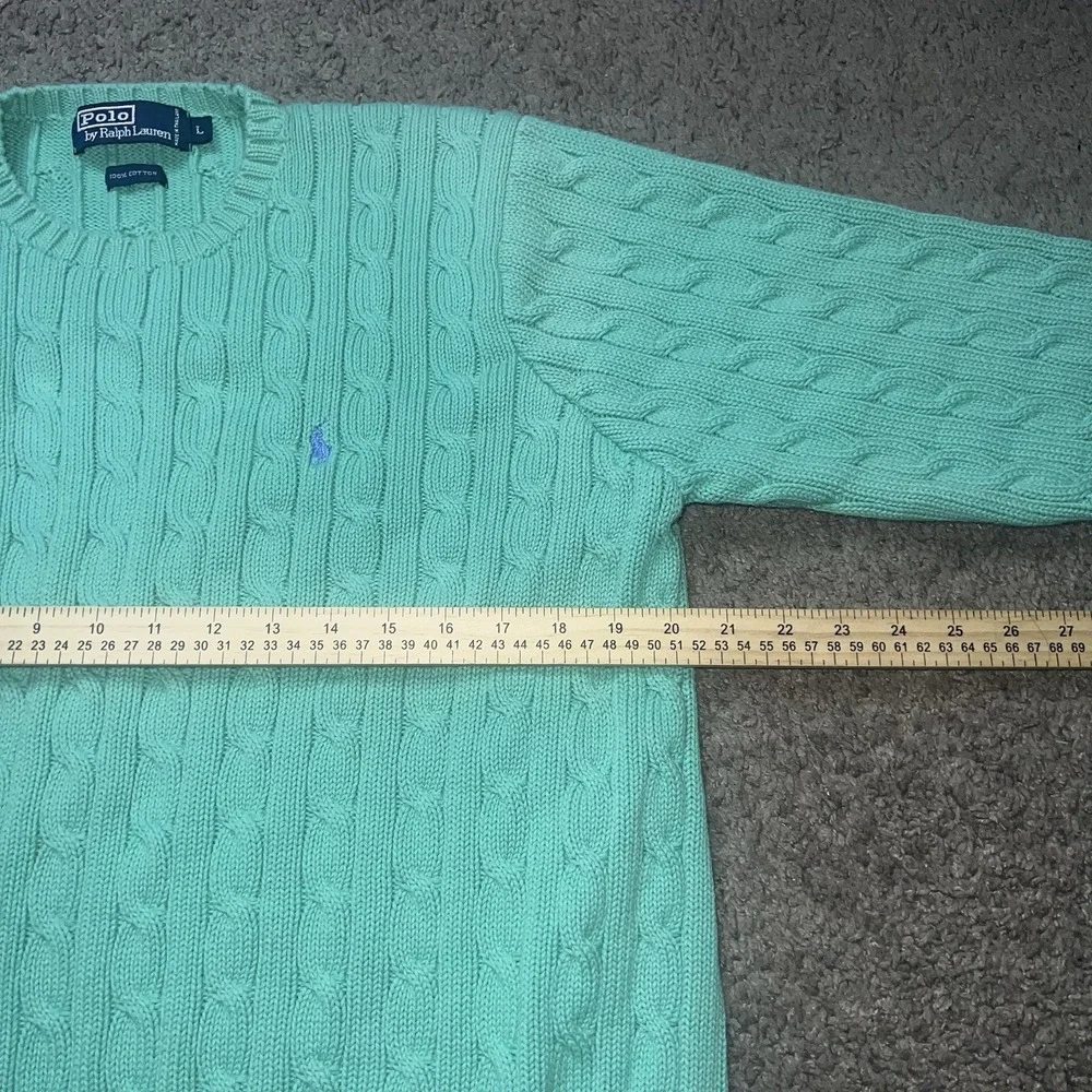 VINTAGE POLO RALPH LAUREN TURQUOISE COTTON CABLE KNIT SWEATER WOMENS sz Large - Picture 5 of 6